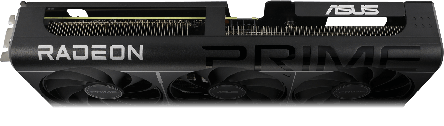 Angled top down view of the Prime Radeon RX 9060 XT graphics card hero angle