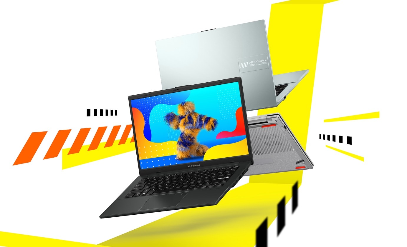 Tre ASUS Vivobook Go 14; en laptop som viser skjermen og tastaturet, en viser lokket og en lukket viser bunnen