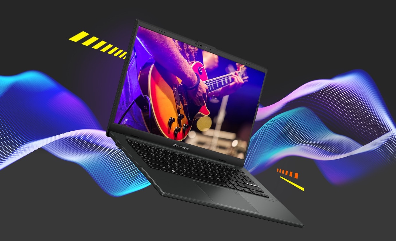 VivoBook Go 14 mở ở góc rộng và được nhìn từ mặt bên, đang phát video hòa nhạc với hai làn sóng âm thanh trên nền. 