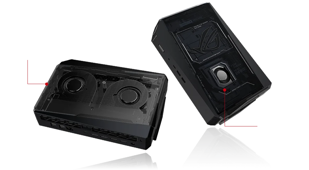 Cooling fans and SSD heatsinks interior of ROG NUC 2025 and CPU cooling fan interior of ROG NUC 2025