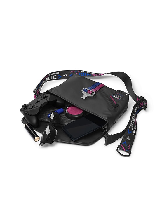 Show what the bag can put in. Bag with phone and game handle and sunglasses.