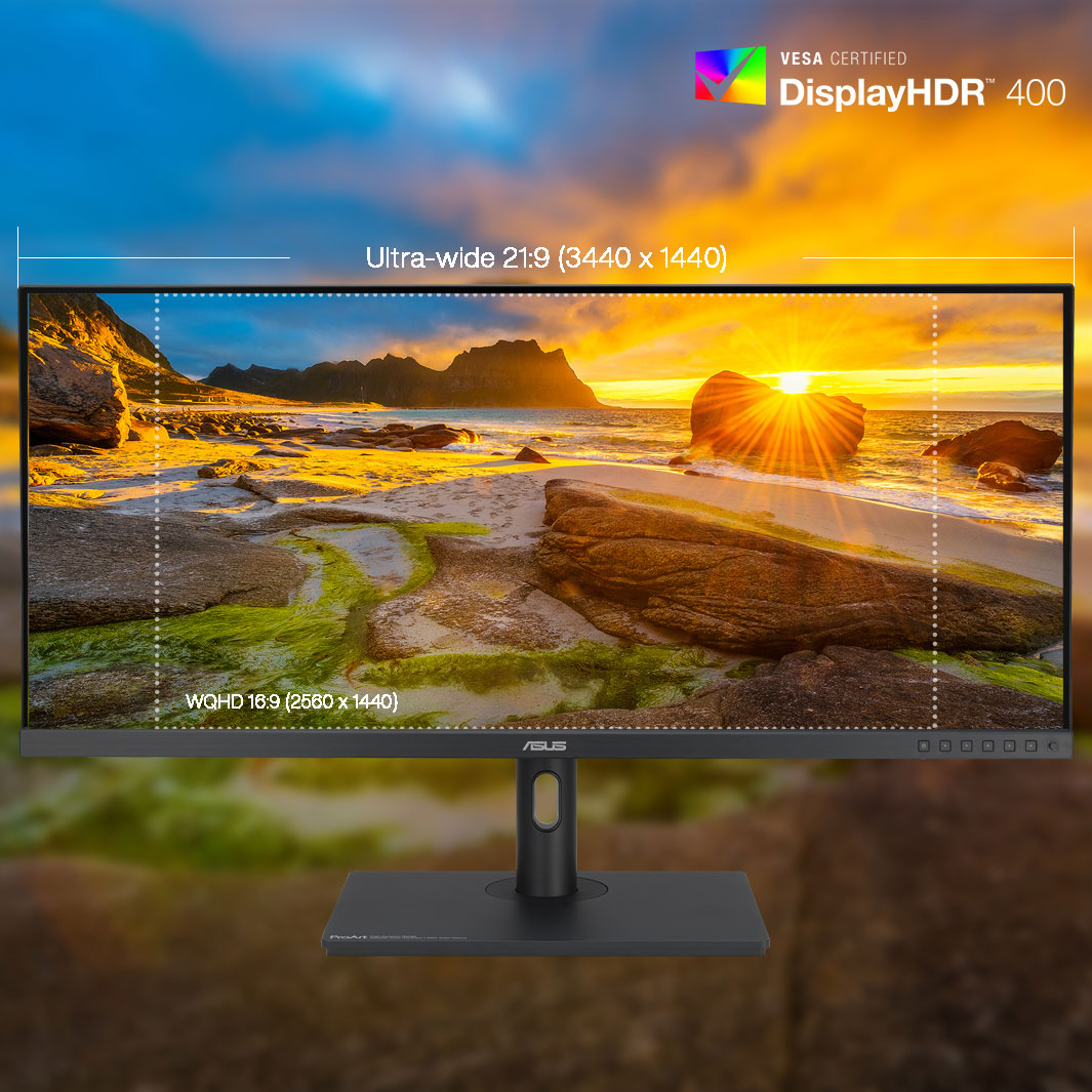 Das ProArt Display PA348CGV ist ein 34-Zoll-Monitor im ultrabreiten 21:9-Format mit 3440 x 1440 Pixeln und VESA-zertifiziertem DisplayHDR 400