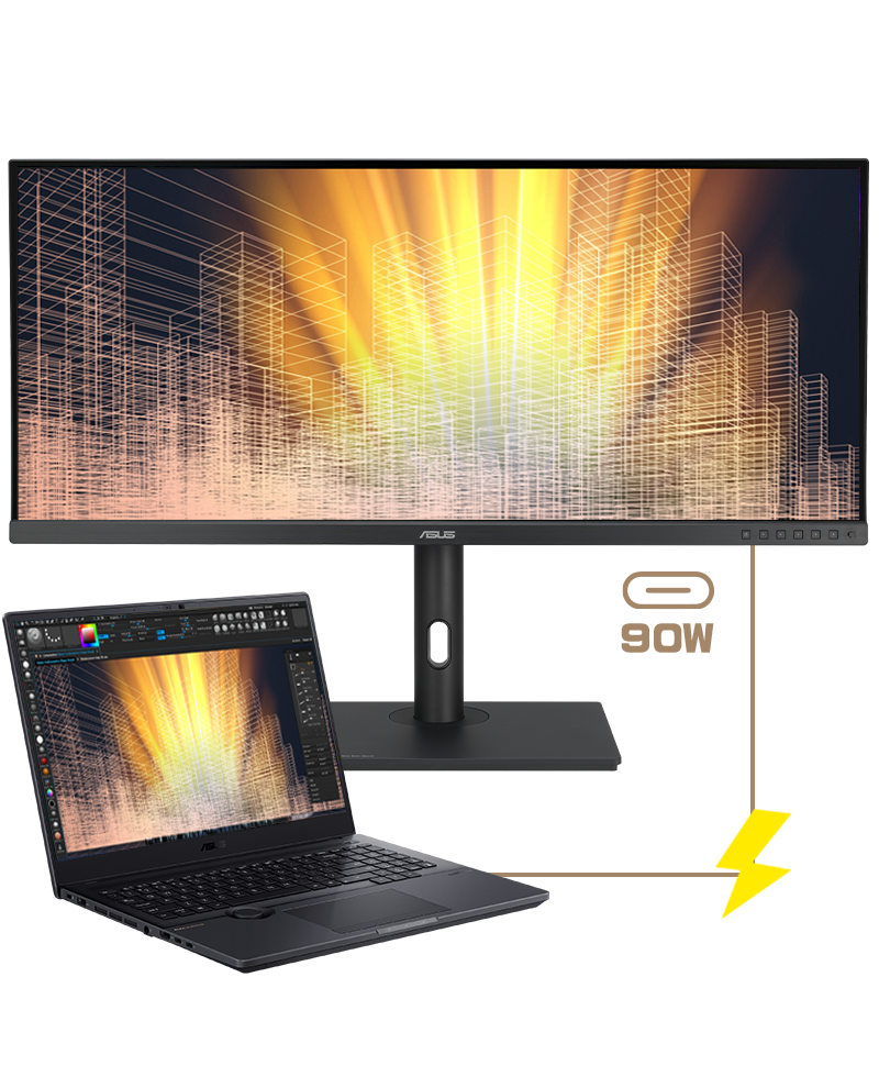 Verbind de ProArt Display PA348CGV en een laptop via de USB-C poort en het ondersteunt 90W vermogensafgifte.