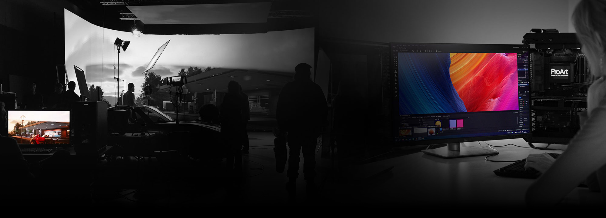 A professional film set with a curved LED screen and a colorist working on a computer. Text emphasizes trust in ASUS ProArt displays by top creative schools and studios.