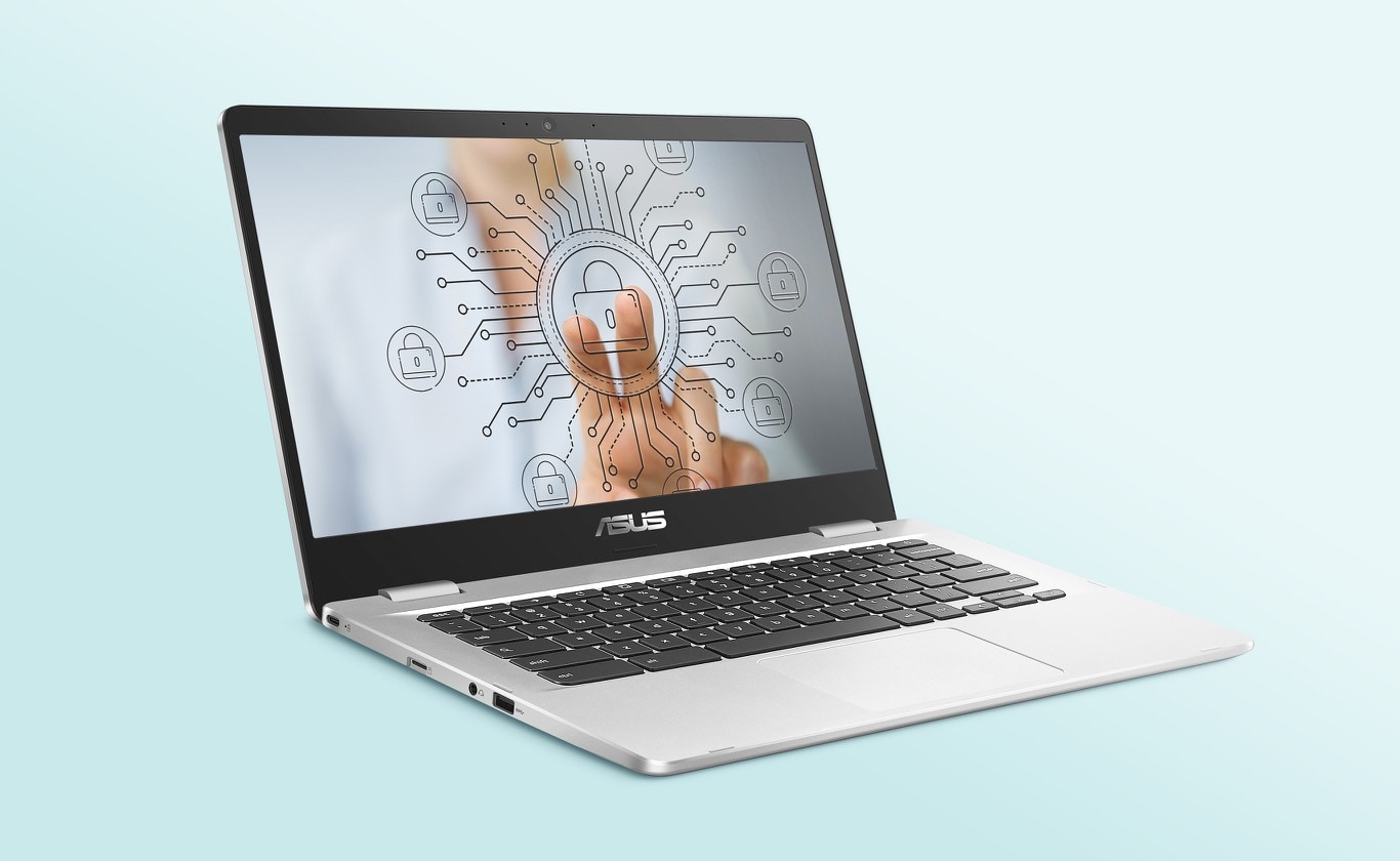 ASUS Chromebook C424 with an in-screen of a man pressing a security lock