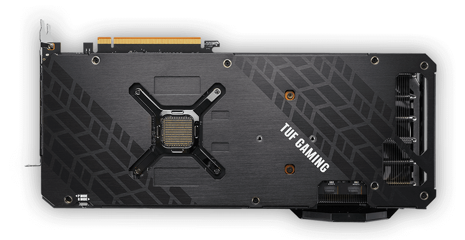 顯示卡的後視圖，突顯其不鏽鋼 I/O 擋板、GPU 支架、雙 BIOS 開關和背板通風口。