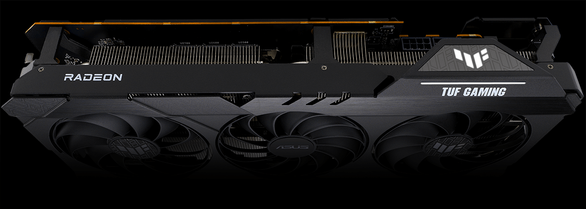 TUF Gaming Radeon RX 6950 XT顯示卡俯視圖，突顯 ARGB 元素和金屬強化框架。