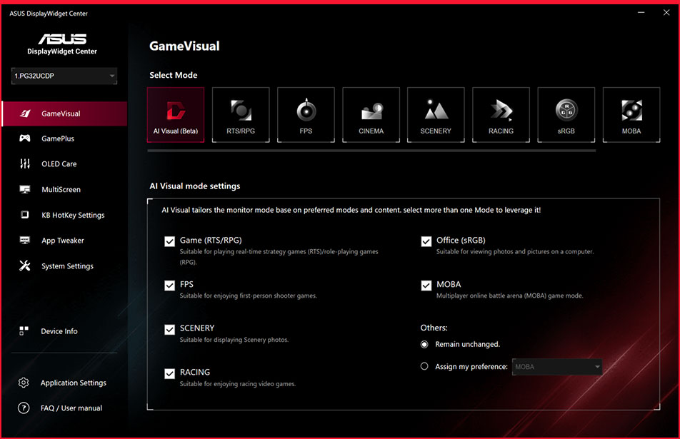 Screenshot of the new ASUS DisplayWidget Center UI showing system settings, OLED functions, and more.