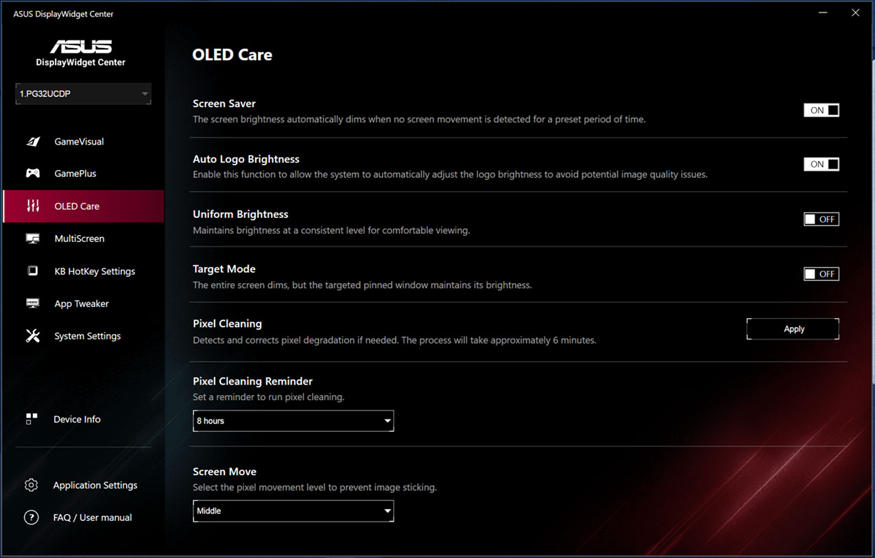 ASUS DisplayWidget Center UI showing screen protection features such as the screen saver, pixel cleaning, and screen move