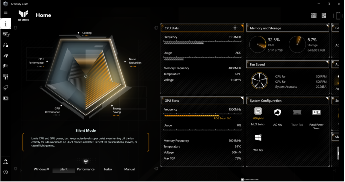 View of the main screen of Armoury Crate, with diagnostic information on screen.