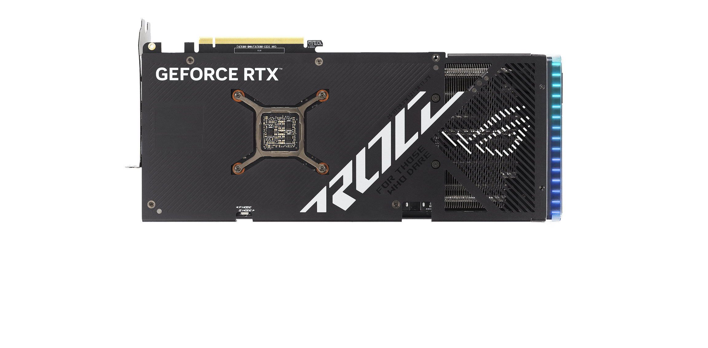Rückansicht der ROG Strix GeForce RTX 4070 SUPER Grafikkarte.