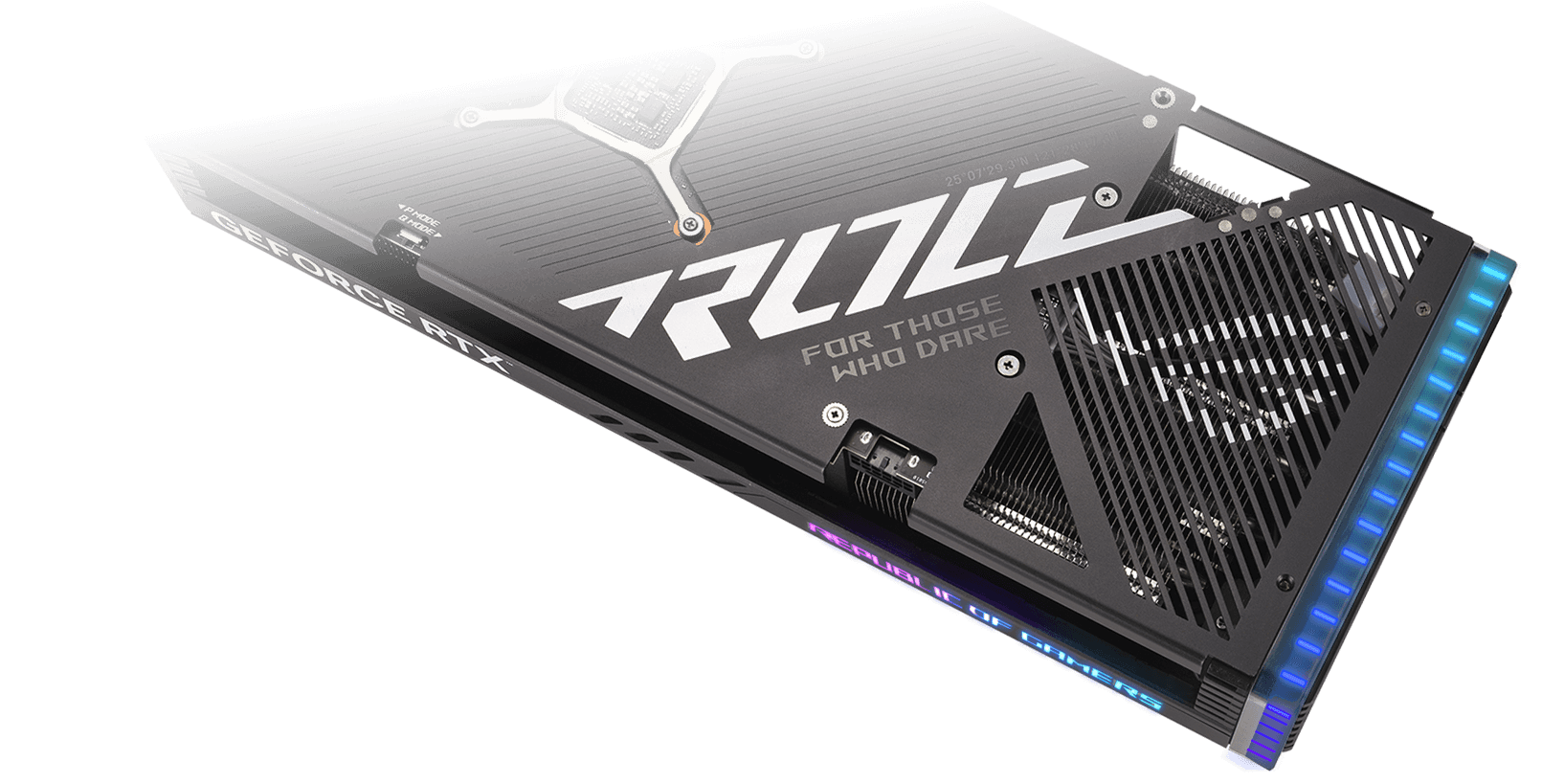 Rear view of the ROG Strix GeForce RTX 4070 SUPER graphics card.