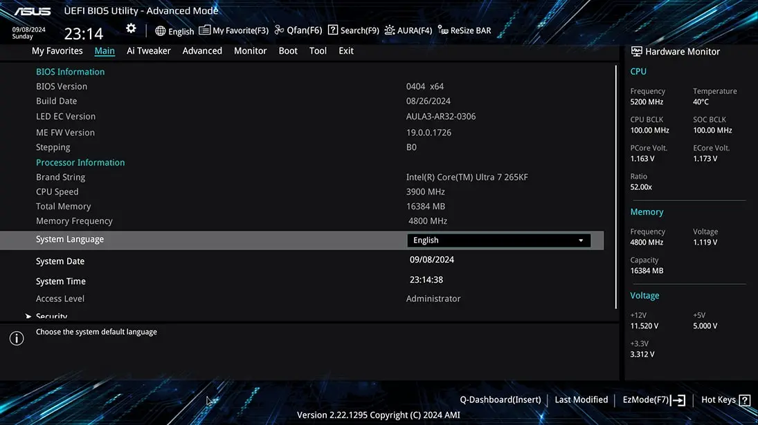 UEFI BIOS advanced mode UI.