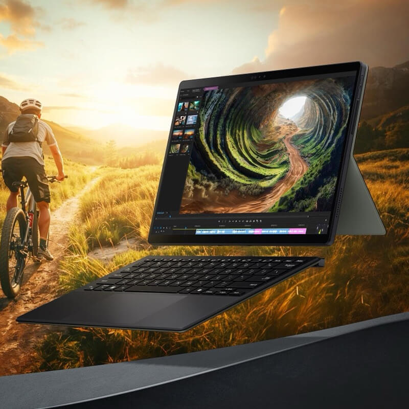 A left-facing ProArt PZ13 laptop image with a background of a person cycling and a video editing UI.