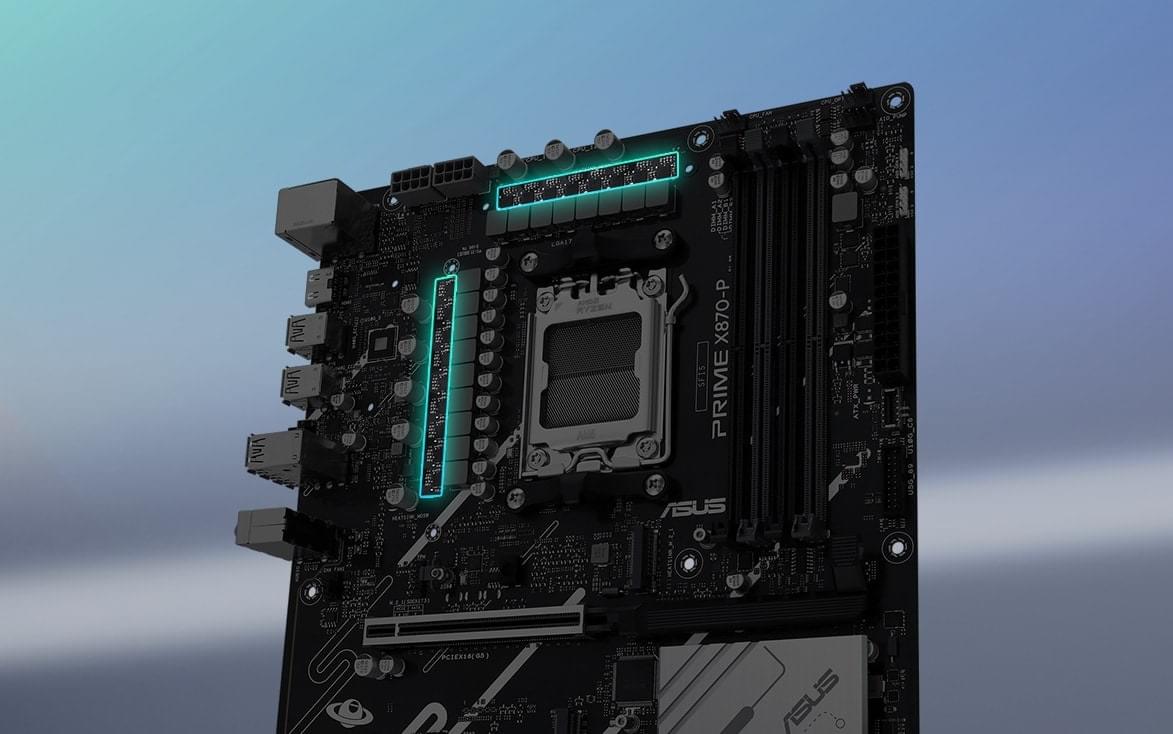 Angled top-down view of PRIME X870-P motherboard.