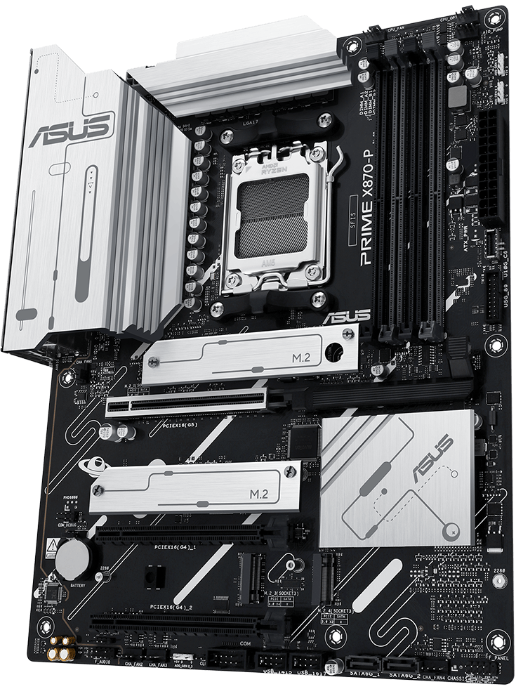 Visão frontal da placa-mãe PRIME X870-P flutuando no espaço.