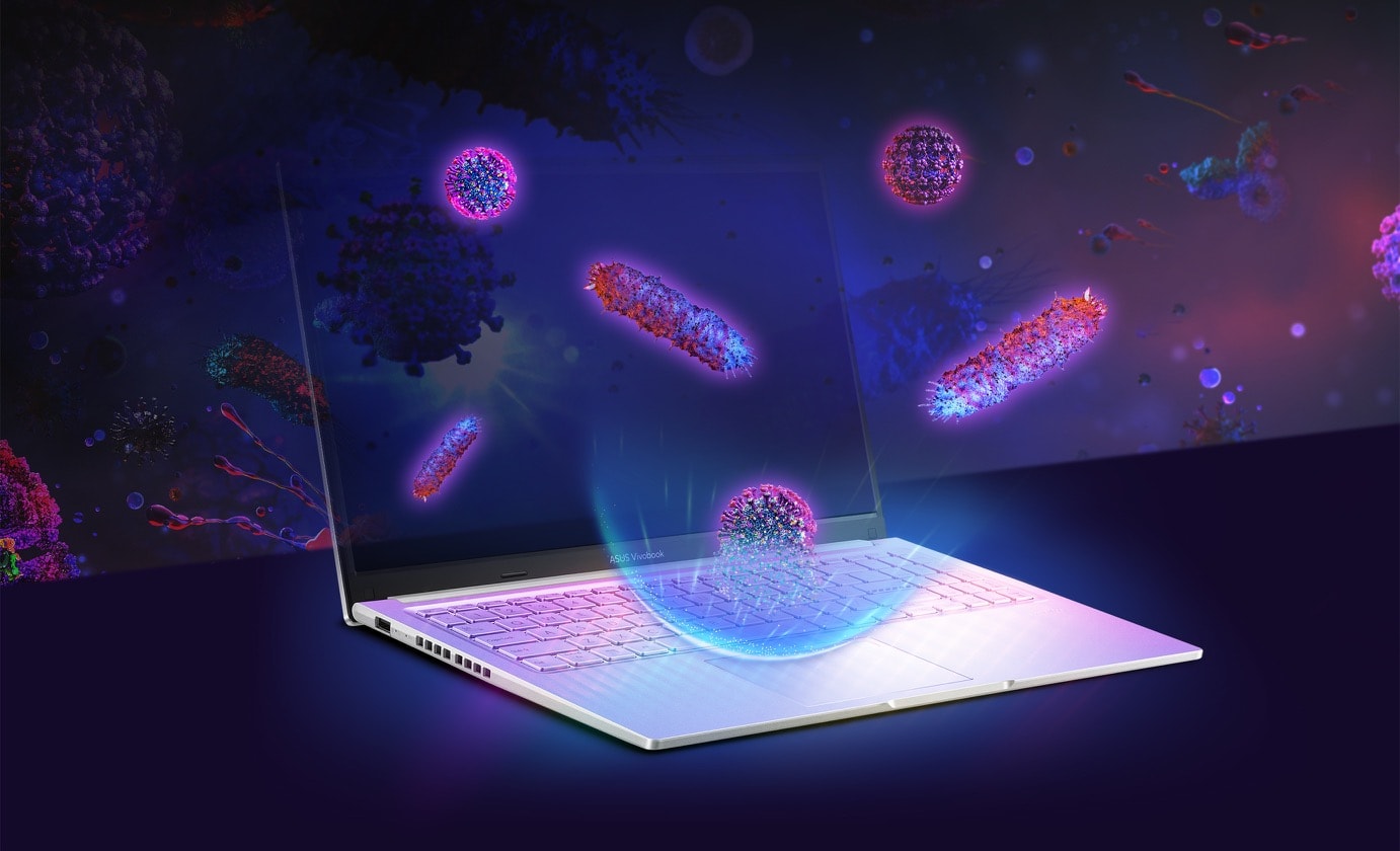 The keyboard of an ASUS Antibacterial Guard-treated laptop with 3D images of bacteria bouncing off it shows the effect of its bacterial-inhibiting effect.