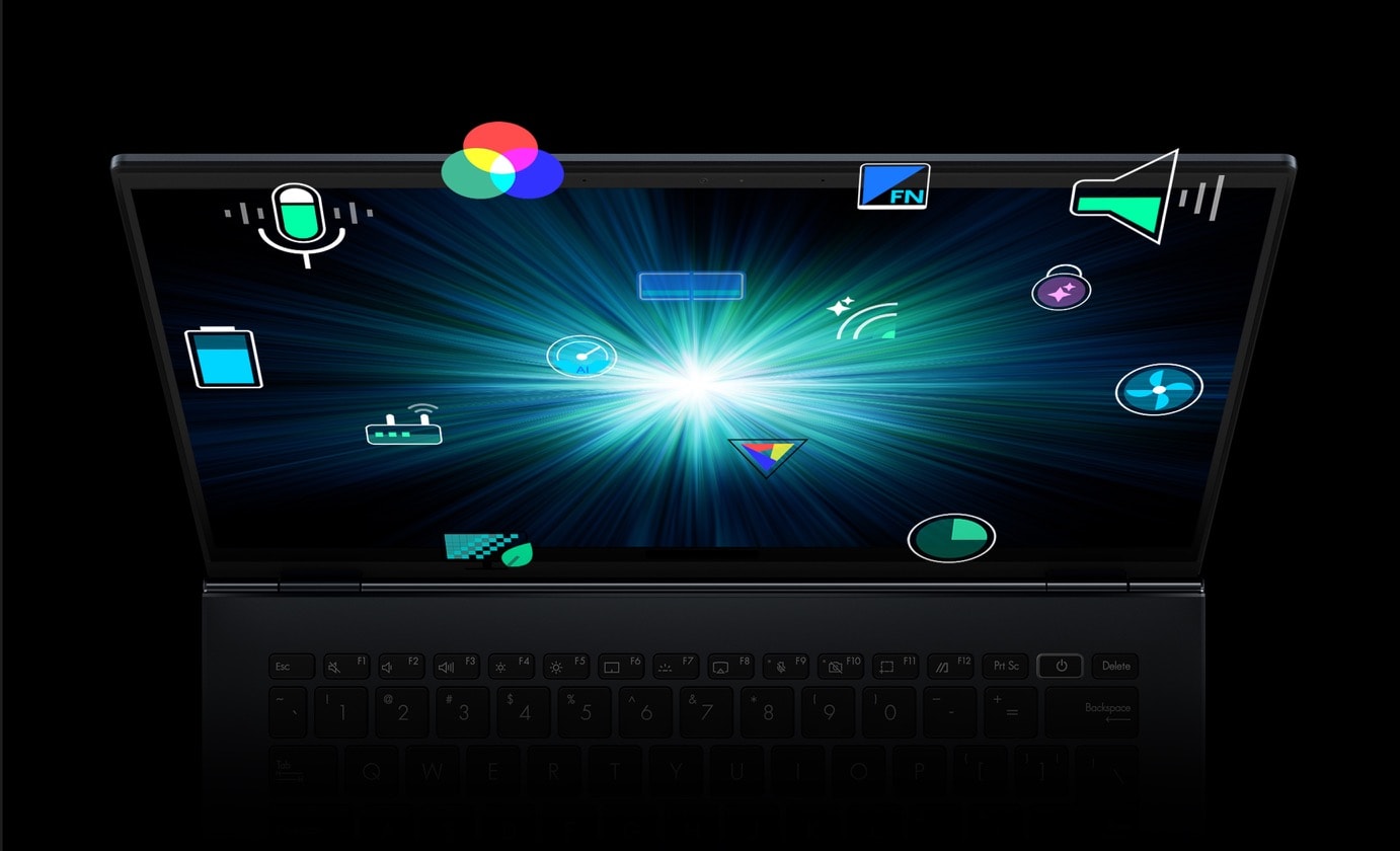 A laptop viewed from the front with a starburst graphic on the screen surrounded by app icons. 