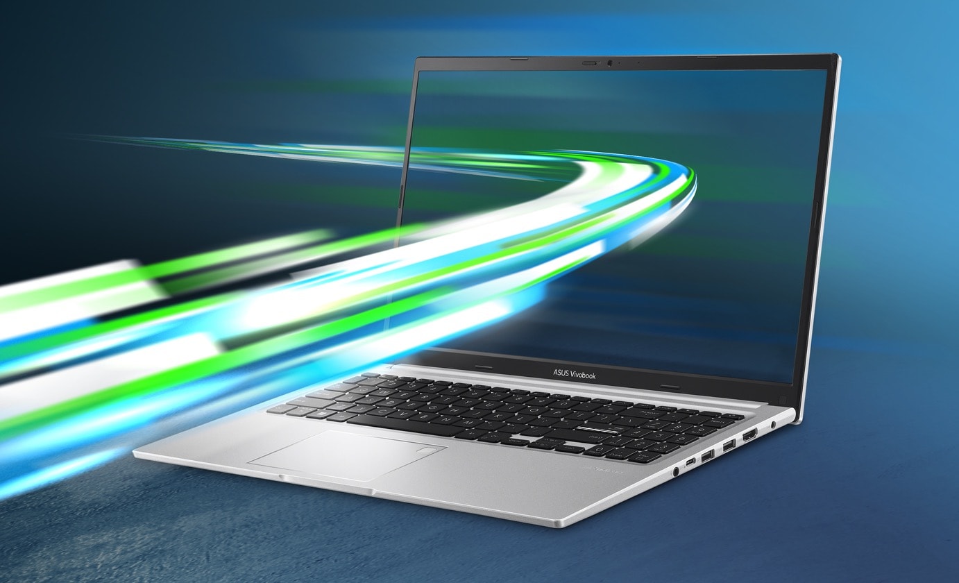 Vivobook 15 opened at 45 degrees and viewed from the front with speed rays graphic.  