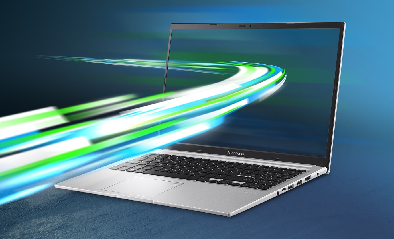 Vivobook 15 opened at 45 degrees and viewed from the front with speed rays graphic. 