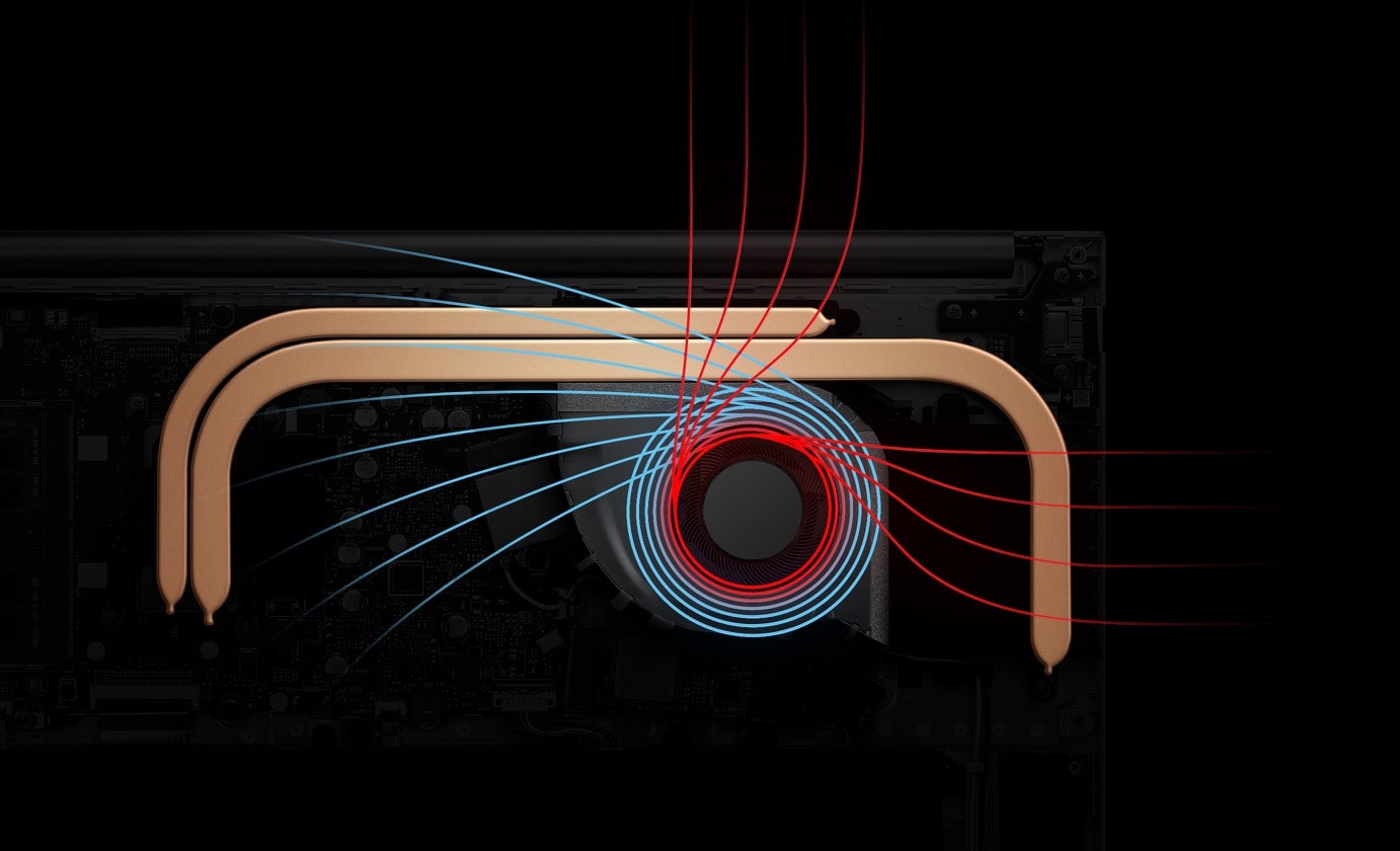 Vivobook 15 showing its inside structure with two heat pipes and one fan. 