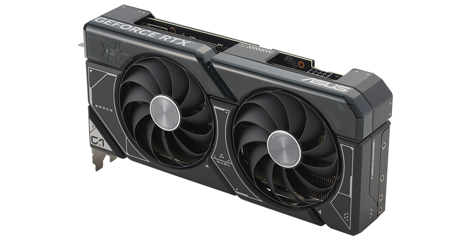 Angled top down view of the card ASUS Dual GeForce RTX 4070 graphics card