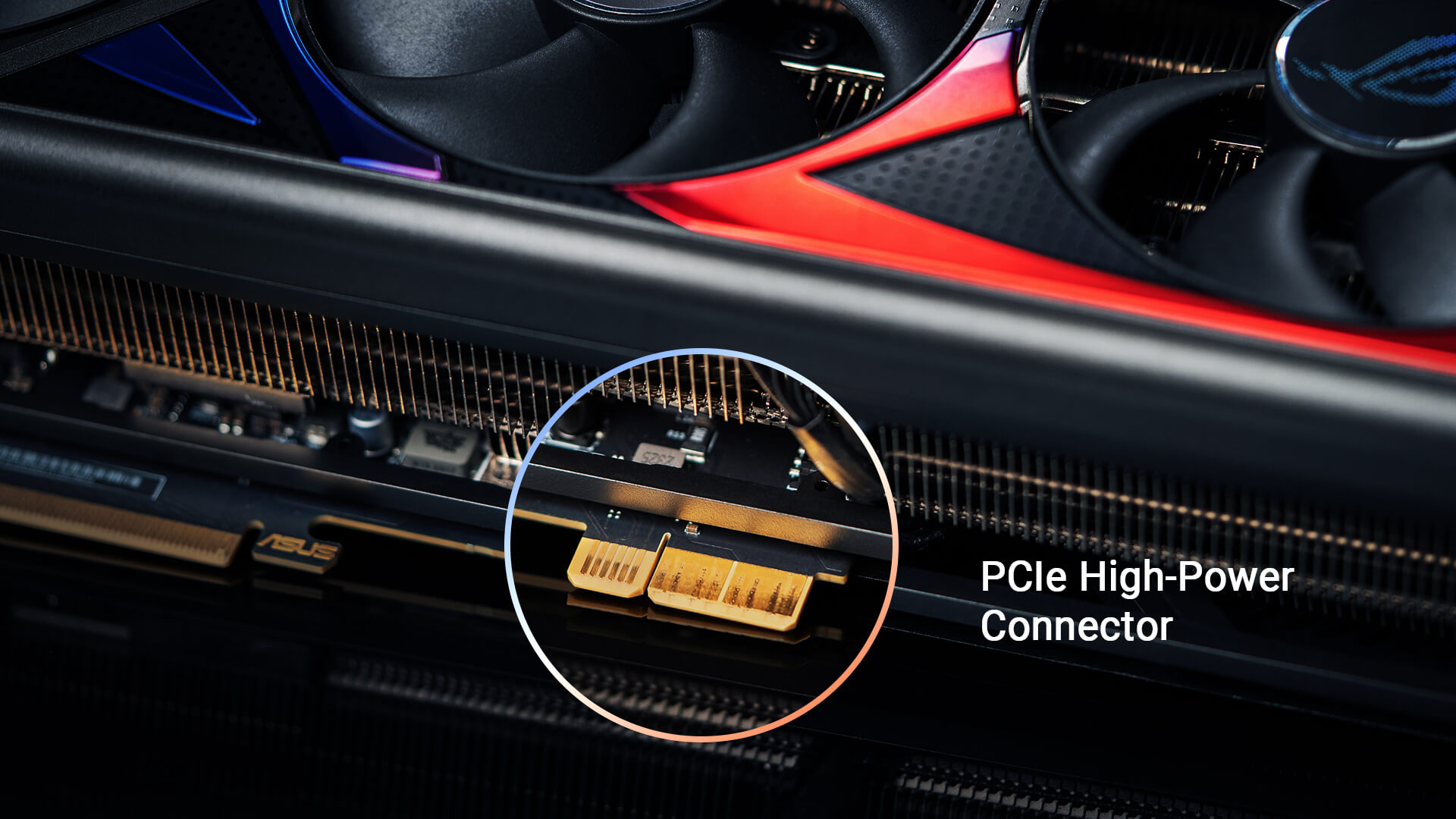 A close shot of the PCIe high-power connector in the ROG Strix GeForce RTX™ 4090 BTF Edition graphics card.