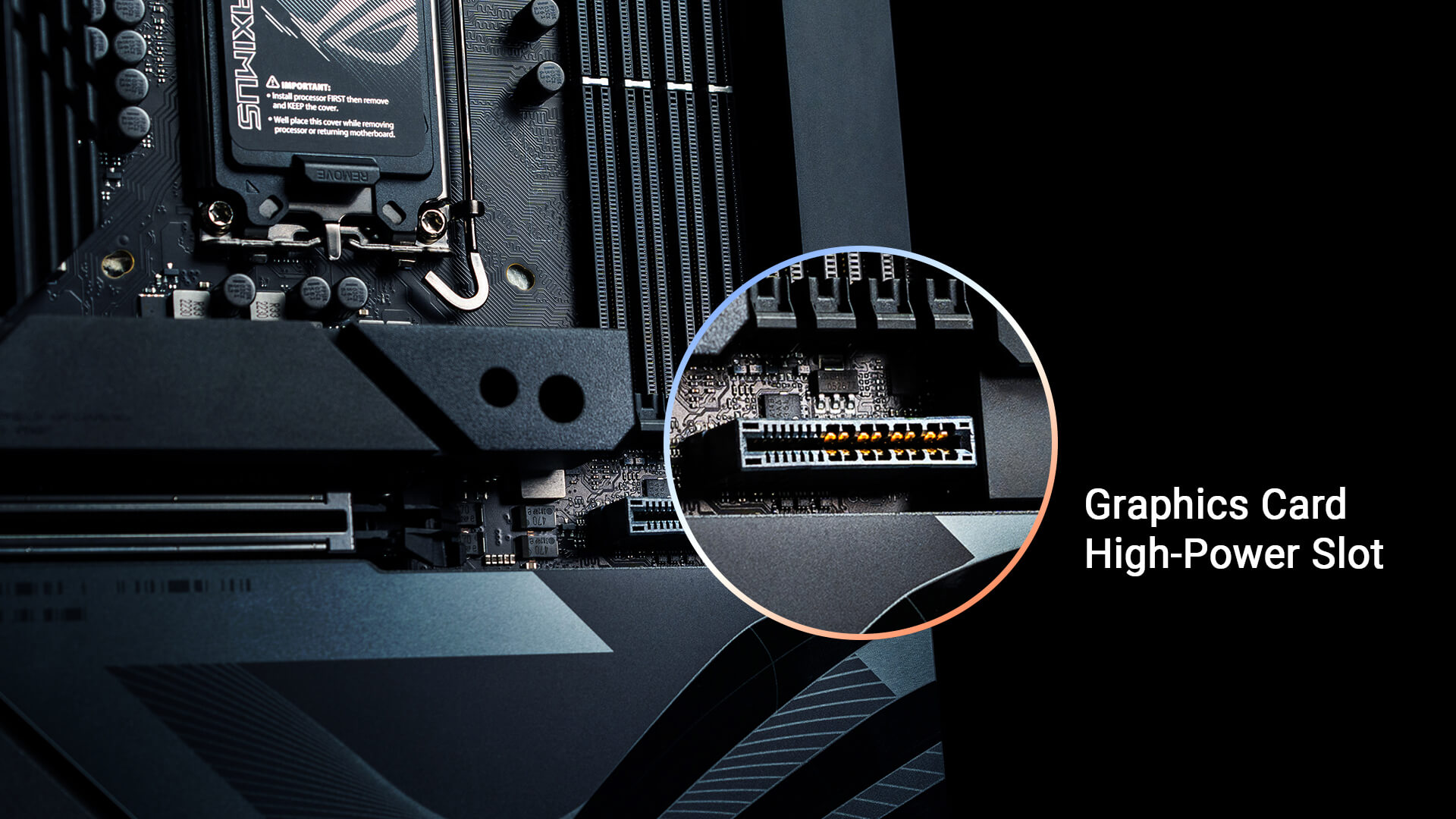 A close shot of the Graphics card high-power slot in the ROG MAXIMUS Z790 HERO BTF motherboard.