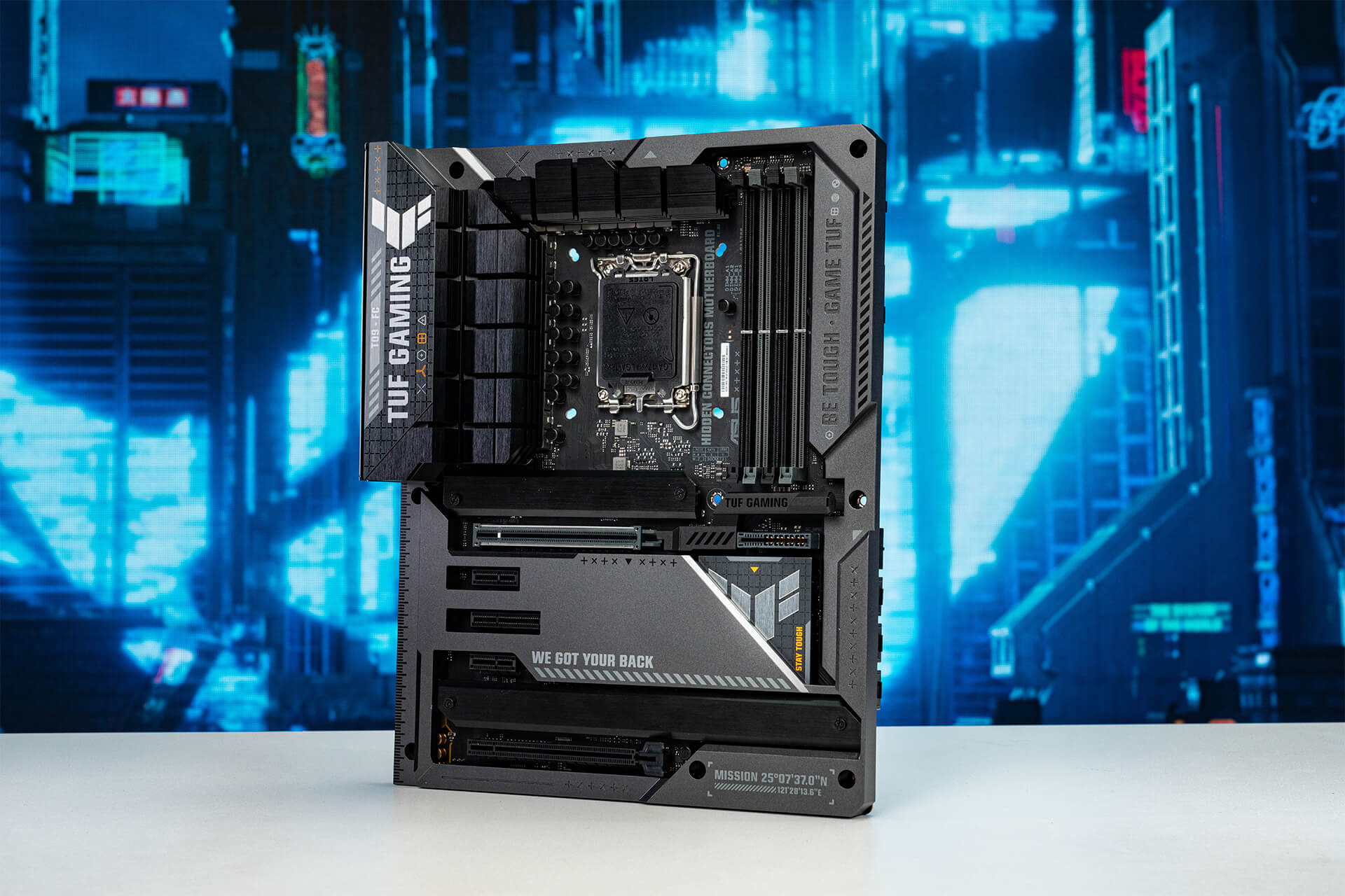 A 45˚ angle of TUF GAMING Z790 concept motherboard stands in the middle with blue background.