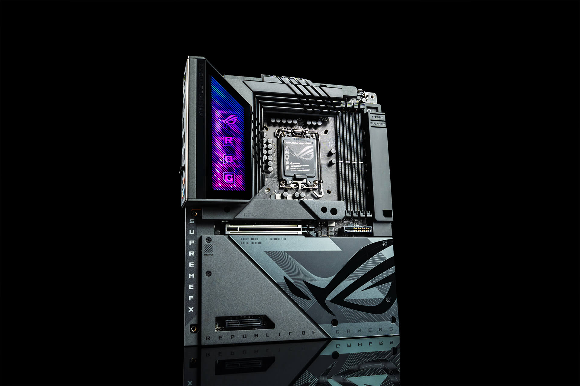 A 60˚ angle of ROG MAXIMUS Z790 HERO BTF motherboard stands in the middle with black background.