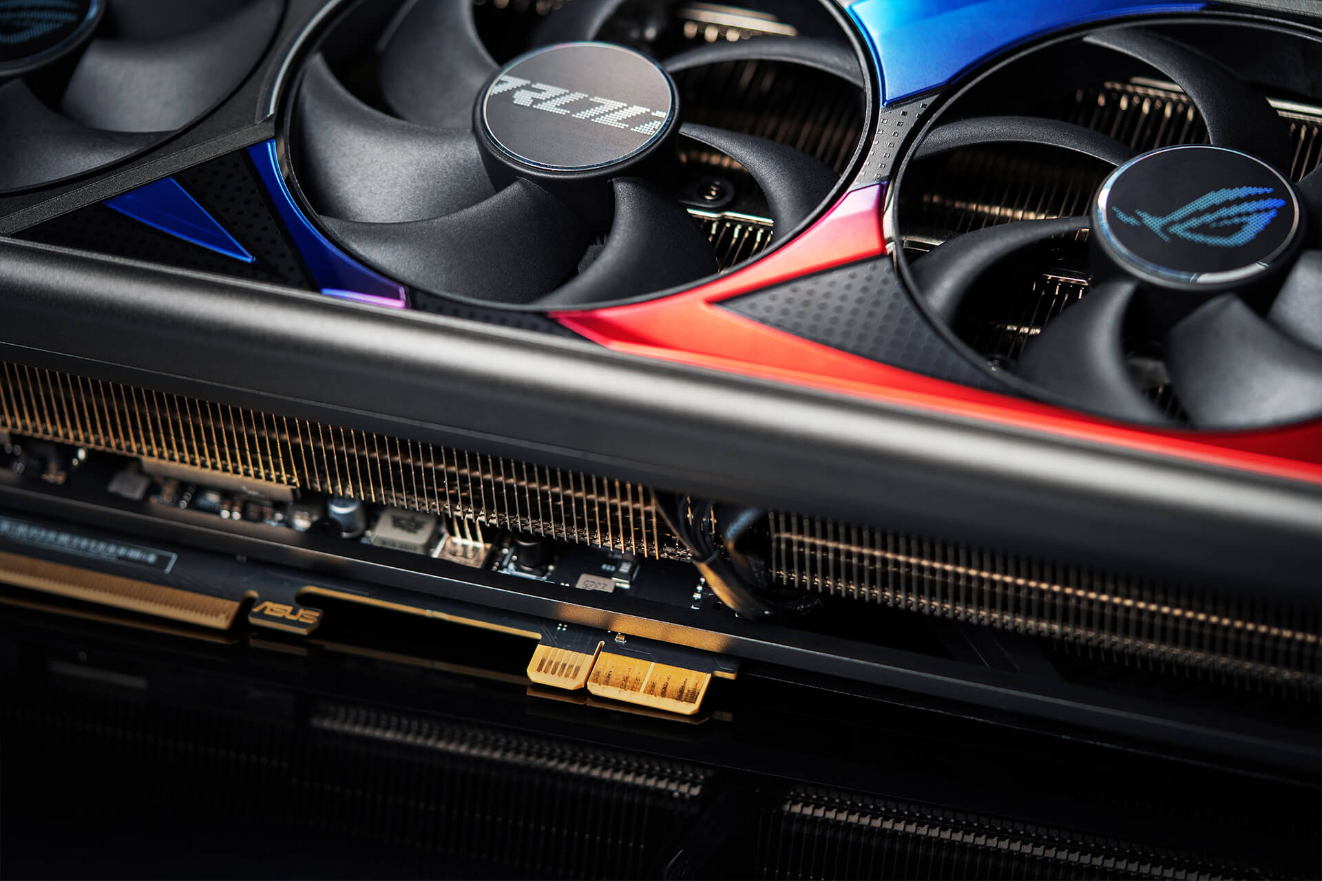 A close shot of the ROG Strix GeForce RTX™ 4090 BTF Edition shows the gold-finger for power supply.