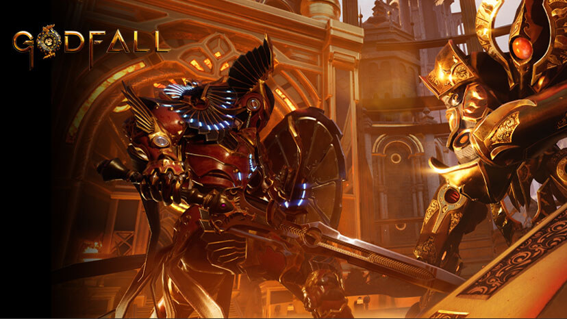 Screenshot from the game Godfall showing two heavily armored characters engaged in combat