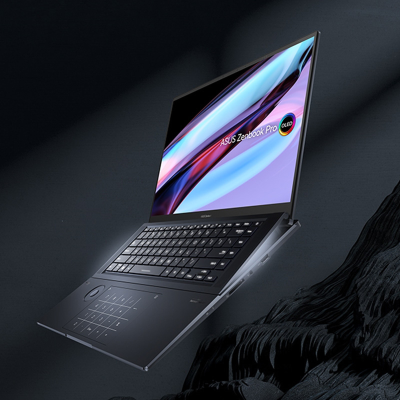 Zenbook Pro 16X OLED opened with 120 degrees tilted on the surface of dark rock