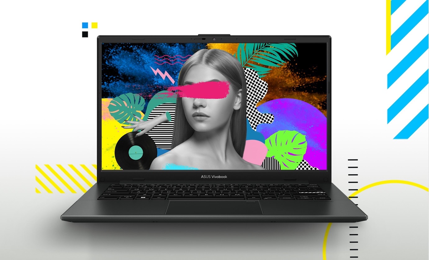 Vivobook Go 14 opened at 90 degrees, displaying a colorful wallpaper on its screen. 