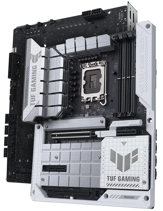 TUF Gaming motherboard front view, 60 degrees, with Aura lighting