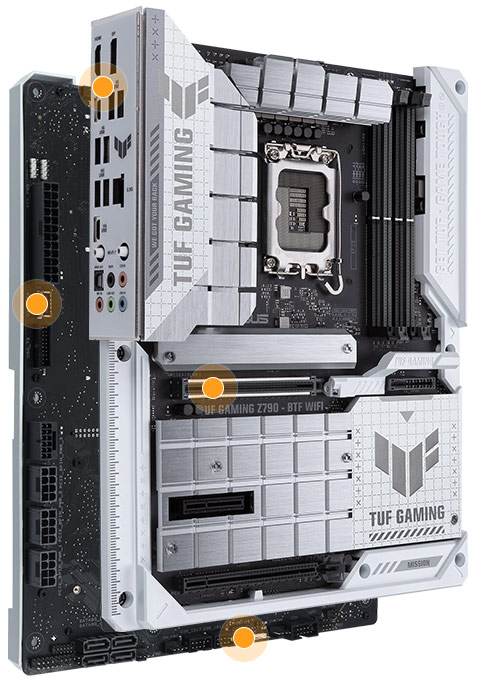TUF Gaming motherboard front view, 60 degrees, with I/O ports