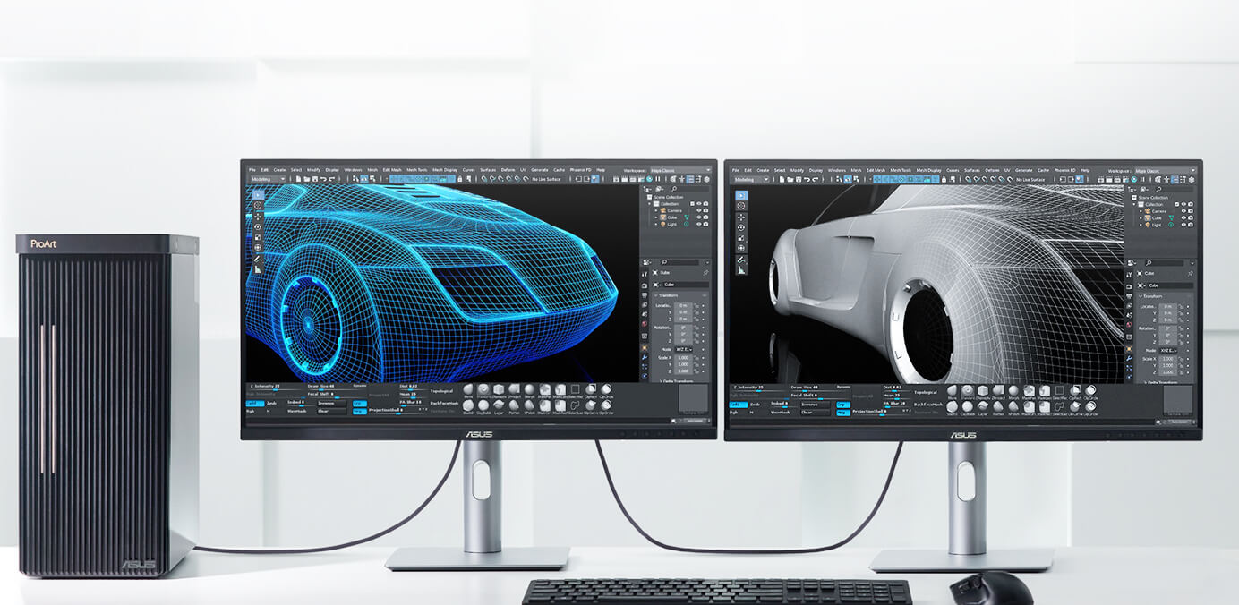 Een desktopopstelling met twee monitoren waarop verschillende 3D-ontwerpen te zien zijn, aangesloten op het apparaat met verschillende poortopties.