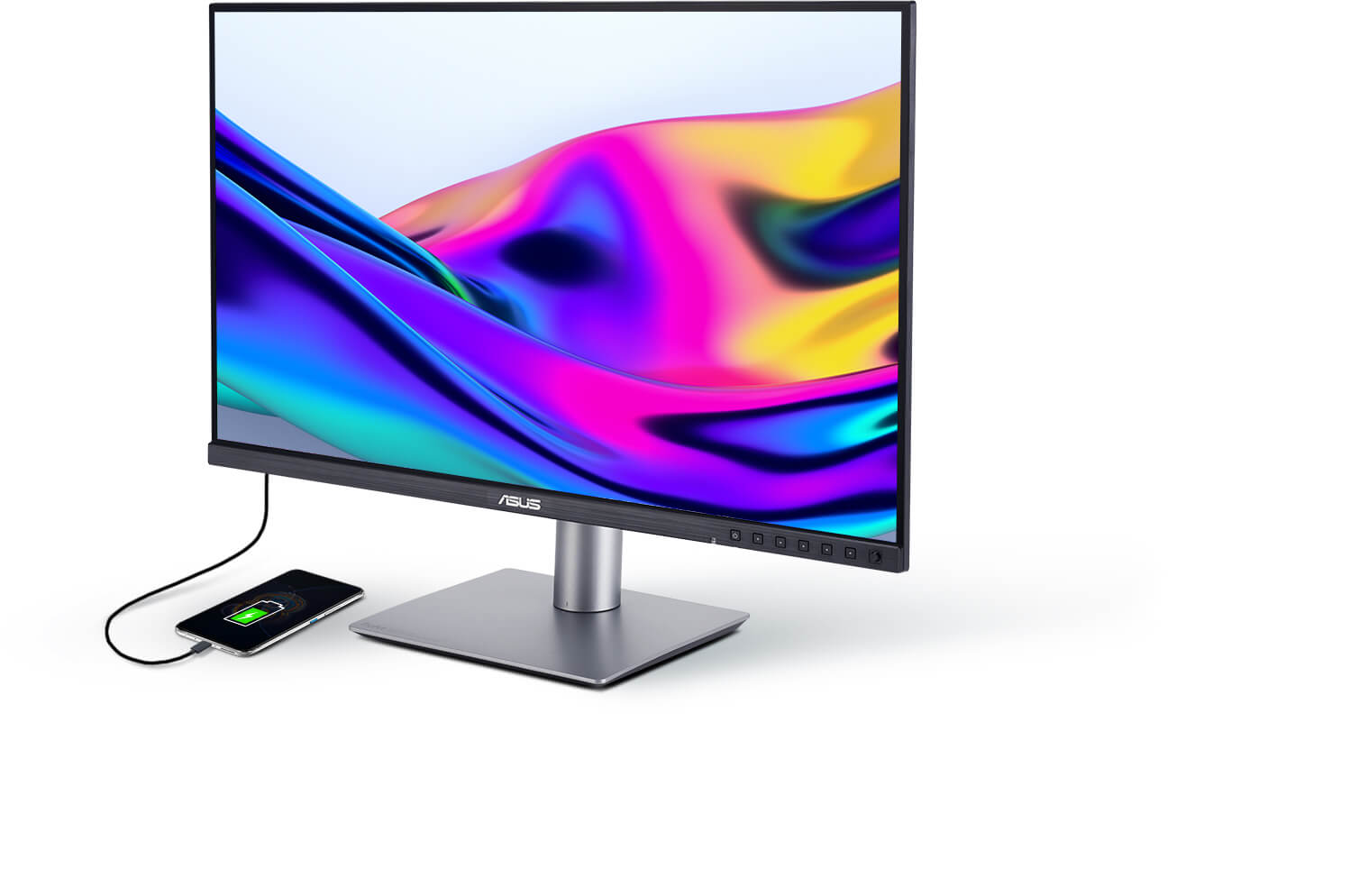 Een gestroomlijnde ProArt monitor toont levendige, kleurrijke abstracte kunst. Een smartphone die wordt opgeladen met een kabel.