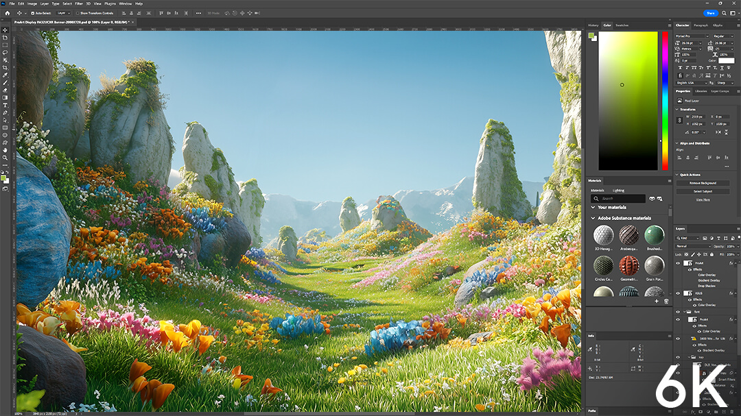 Een interface van digitale kunstsoftware toont een levendig 3D-landschap met kleurrijke bloemen en torenhoge rotsformaties. Een zij-aan-zij vergelijking van een 4K- en 6K-afbeelding op een computerscherm, die het verschil in werkgebied in detail laat zien.