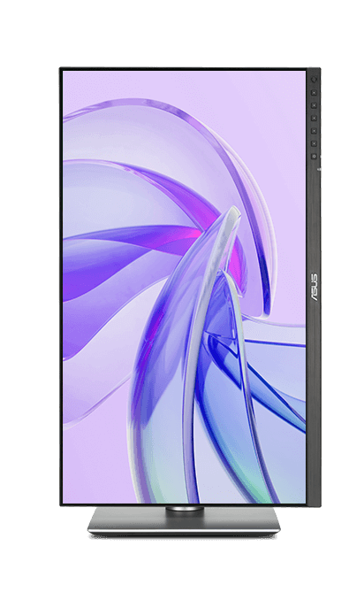 Een ASUS ProArt-monitor in staande modus toont een abstracte paarse en blauwe afbeelding op het scherm.