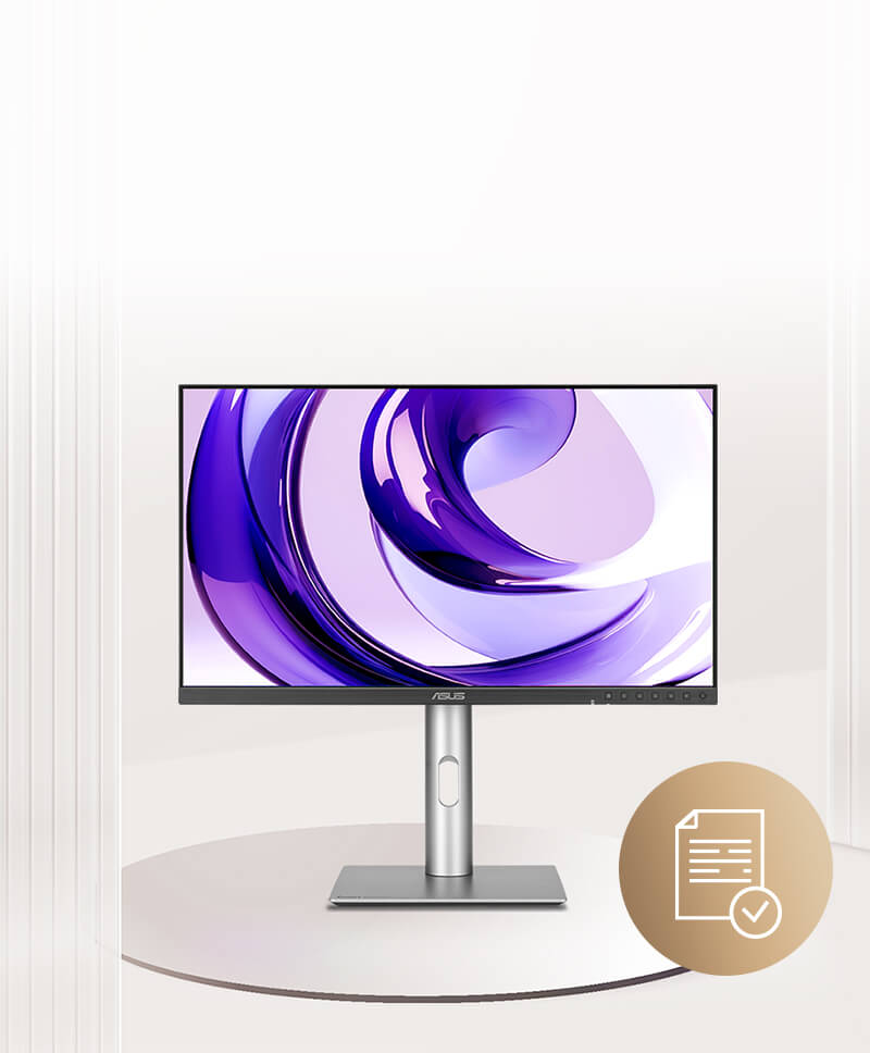 Een strakke ProArt-monitor met een paars abstract ontwerp op het scherm. Een cirkelvormig pictogram toont een document met een vinkje, wat betrouwbaarheid symboliseert.