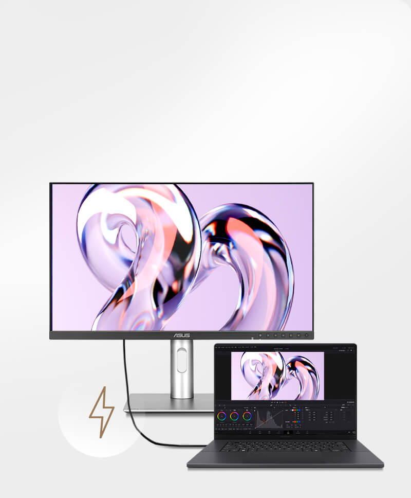 Een werkruimte met een slanke ProArt-monitor en laptop aangesloten via een Thunderbolt™ 4 poort.