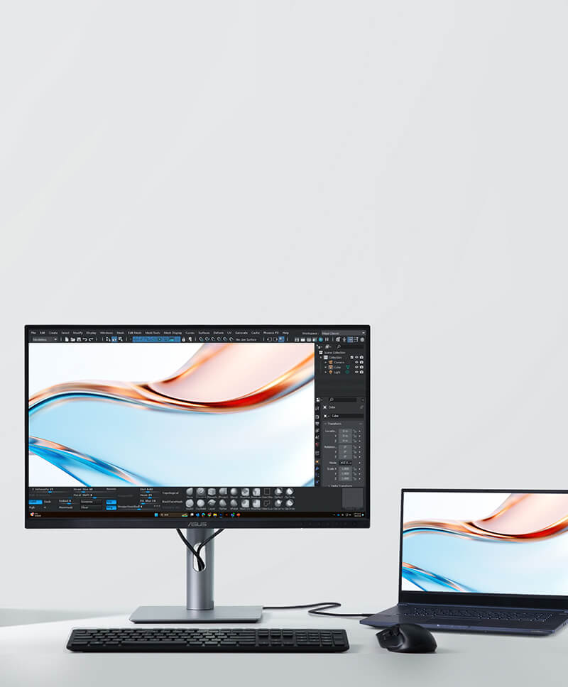 Een strakke desktopopstelling met een ProArt-monitor die levendige digitale kunst weergeeft naast een laptop.