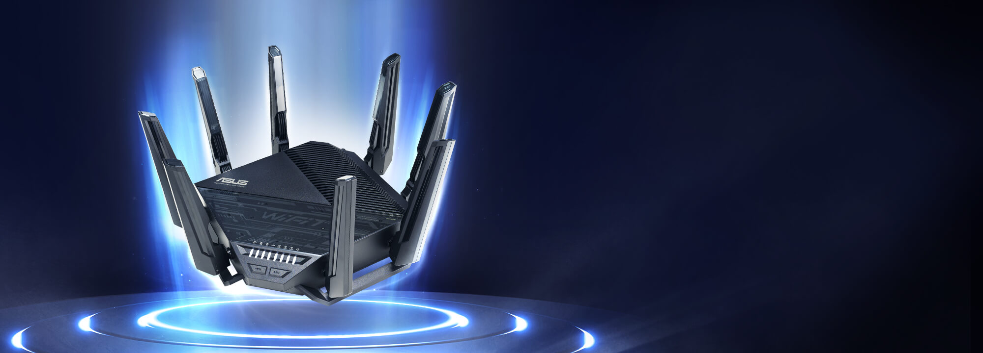 Un routeur puissant sur une scène futuriste, avec le slogan « Extendable WiFi 7 for New Era » et le nom de catégorie « BE1900 tri-band WiFi 7 router RT-BE96U »