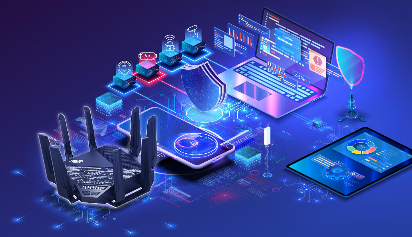 A complicated network illustration, router as the key item, supporting smart phone, laptop, iPad, and IoT devices, two large shield in this network protecting all devices.