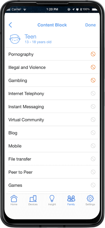 Smart phone showing ASUS router app user interface for content block selections, including pornography, illegal and violence, gambling, internet telephony, instant messaging and more.