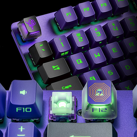 ROG Strix Scope RX EVA Edition close-up focusing on Esc and F12 transparent keycaps, and with F11 keycap removed exposing the exclusive purple ROG RX switch