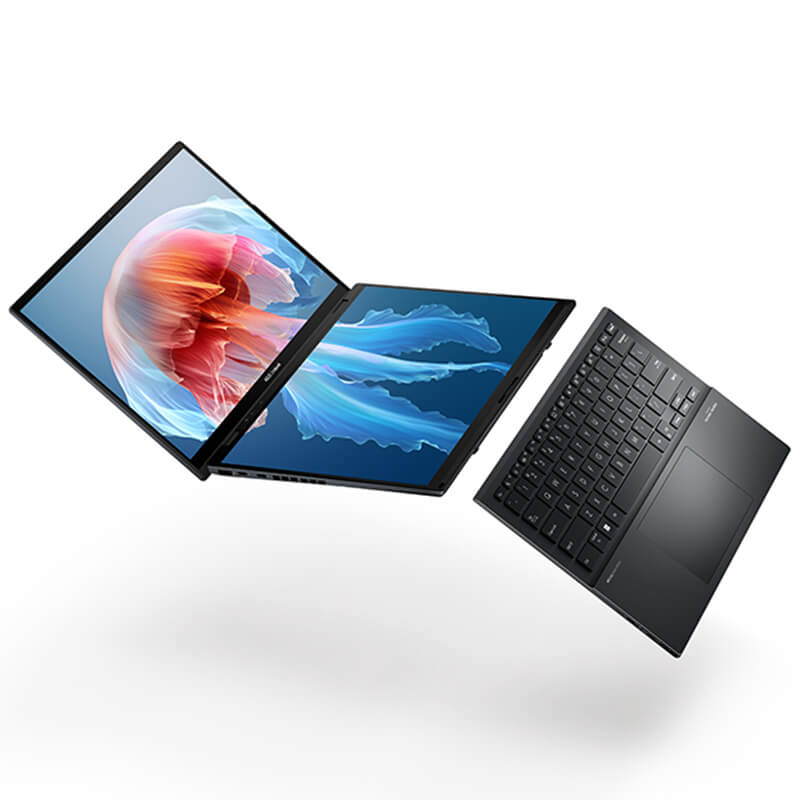 A wide-open ASUS Zenbook DUO (UX8406) showing the physical keyboard half-covering the lower screen.