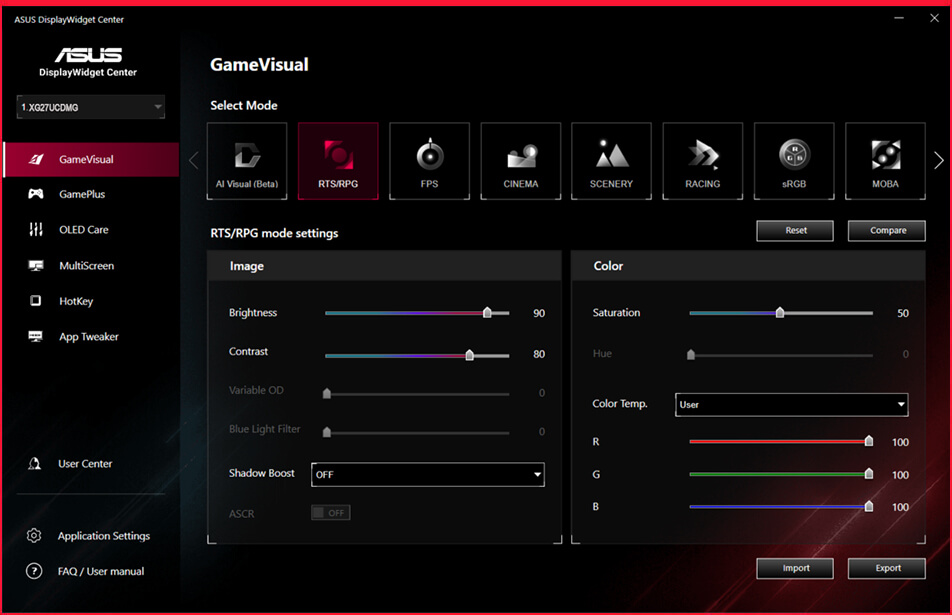 Screenshot of the new ASUS DisplayWidget Center UI showing system settings, OLED functions, and more.