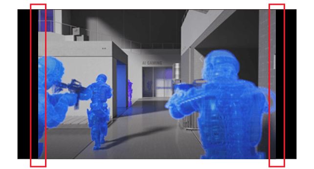 Screenshot of three soldiers with guns raised, there are black bars on the left and right of the image when the Boundary Detection feature is activated